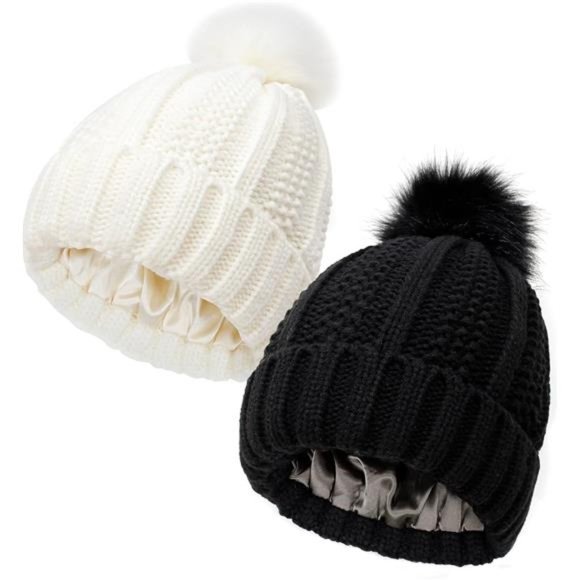 2 Pack Women's Winter Beanie Hat Satin Lined Cable Knit Beanies Black White